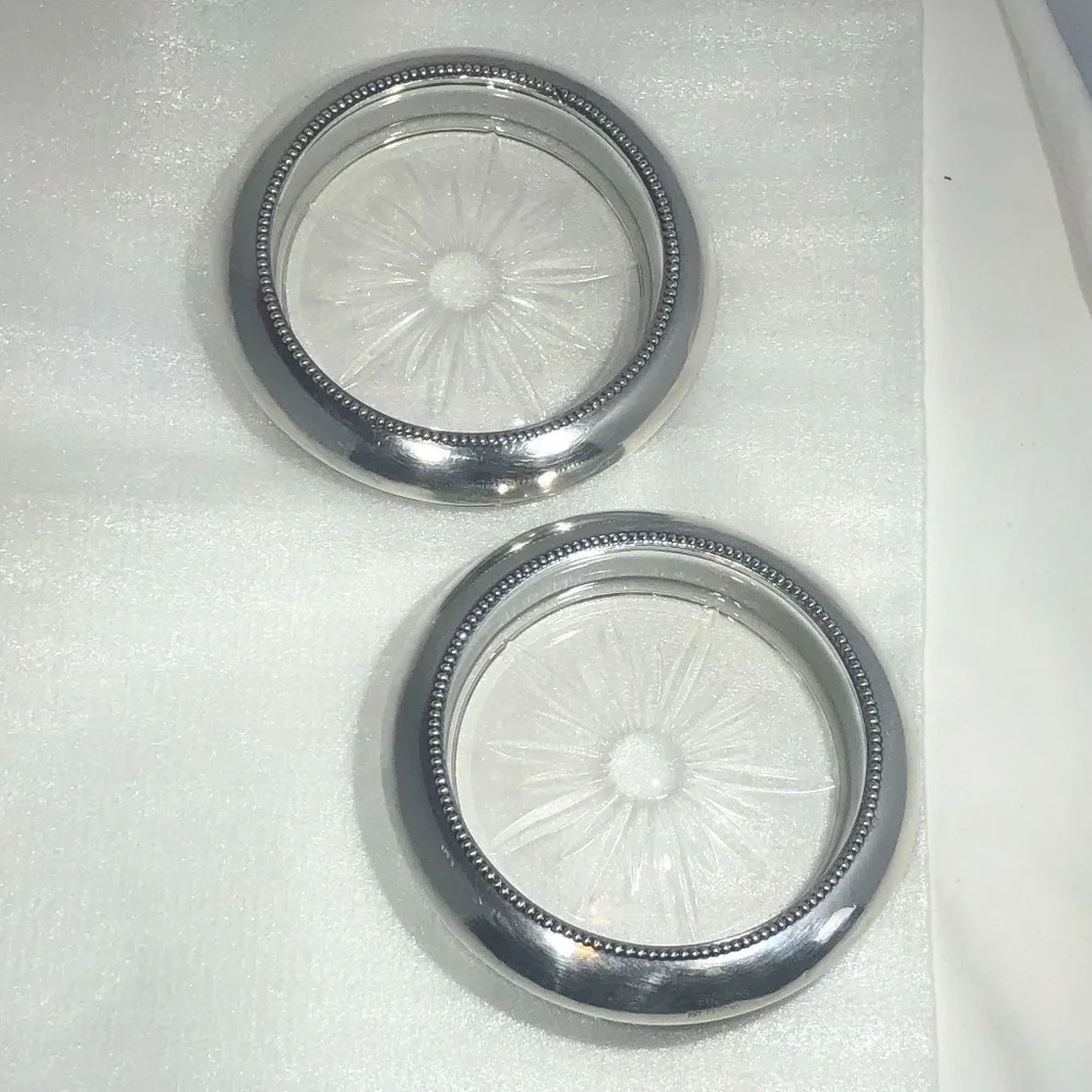 FRANK M WHITING & CO STERLING & CRYSTAL COASTERS - SET of 2